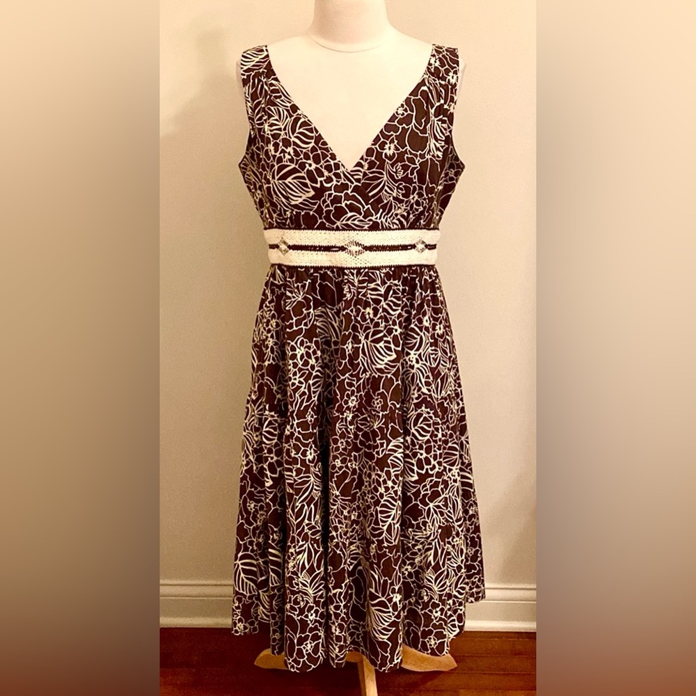 Liz Claiborne Brown Cream Floral SZ 12 Cottagecore Boho Romantic Crochet Dress